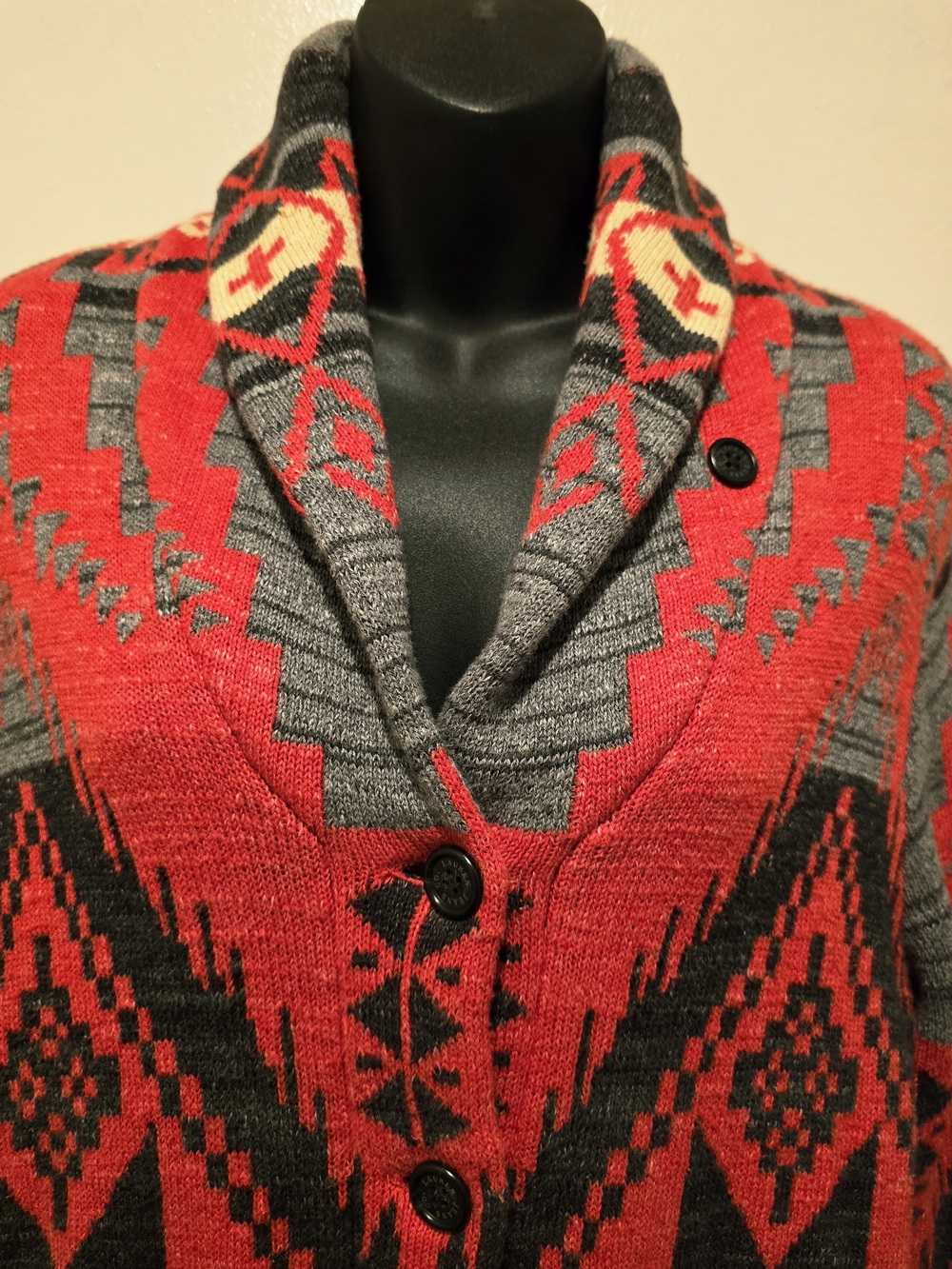 Lauren Ralph Lauren Red and Gray Aztec Shawl-Collar Button Cardigan - Picture 5 of 7